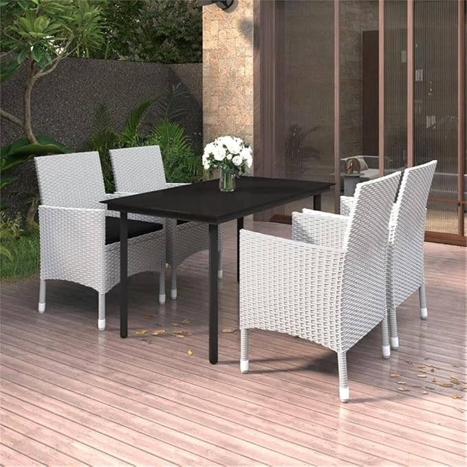 Afuera Living 5-Piece PE Rattan Patio Dining Set, Rectangular Table and 4 Cushioned Chairs, Weather-Resistant Powder-Coated Steel Frame, White Finish, Modern Outdoor Furniture for Garden, Balcony,
