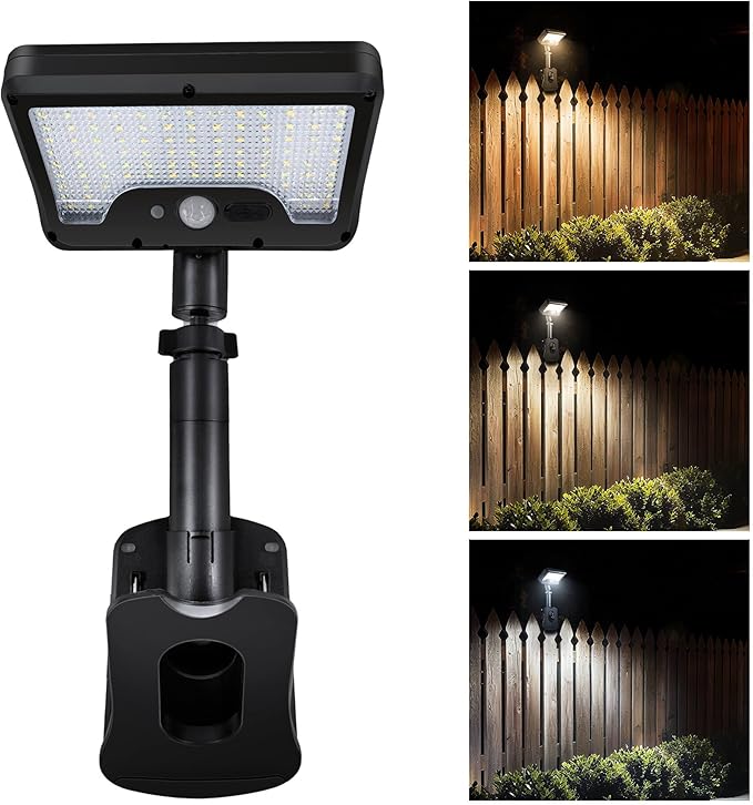 Clip On Solar Motion Lights Outdoor with Remote, 600LM IP65 Waterproof, 1500mAH USB & Solar Powered for Fence, Camping, Porch - Black(1-Pack)
