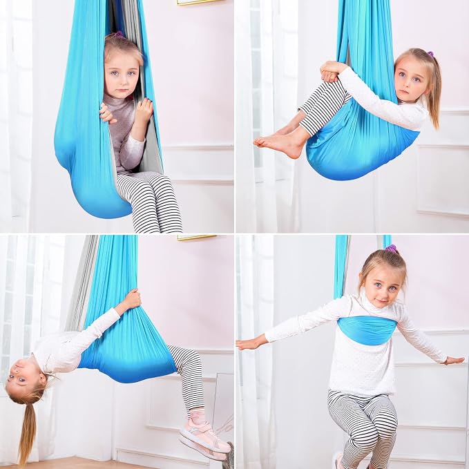 Therapy Swing Hammock Kids Cuddle Sensory Swing Indoor Therapeutic Hammock 360° Rotating Double Layer Elastic Rocking Cloth Swing Gifts for Children with ADHD SPD Asperger Autism (Sky Blue+Grey)