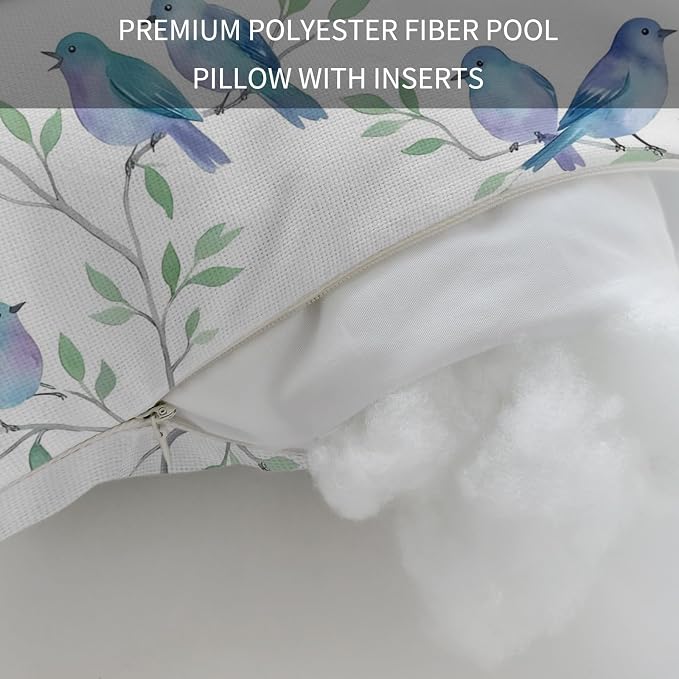 Outdoor Pillow for Chaise Lounge Chair Modern Watercolor Bird Tree Branch Headrest Pillow with Adjustable Elastic Strap Set of 2,12x20 inch, Botanical Leaves Blue Birds Head Pillows for Patio Pool