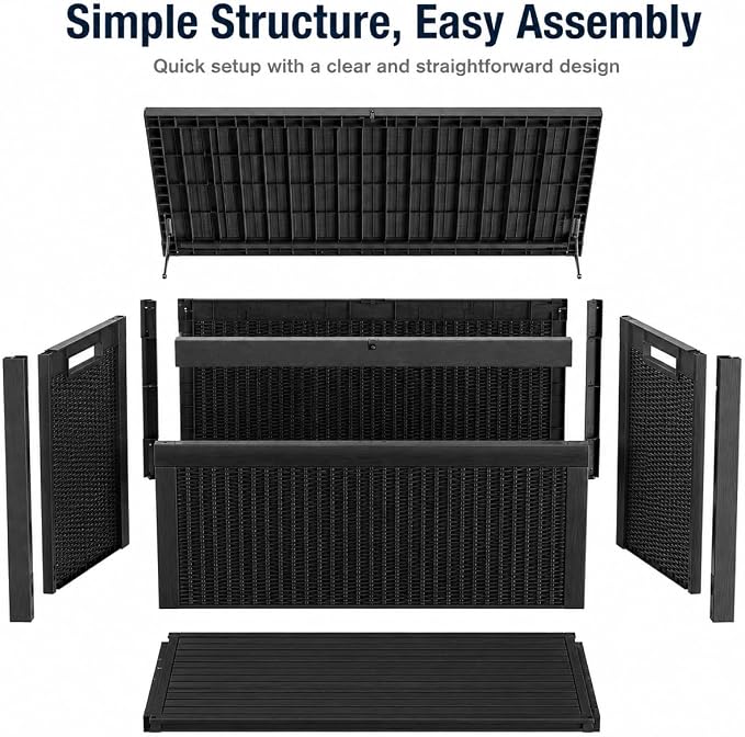 Outdoor Deck Patio Storage Box - 325 Gallon Extra Large Resin Wicker Yard Storage Bin with Lid for Furniture Cushions, Pool Floats, Garden Tools & Outside Toy Storage, Black