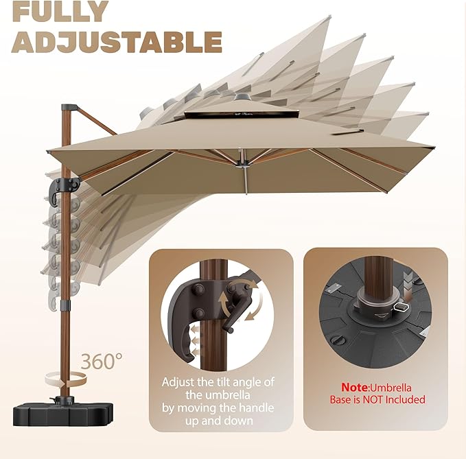 10x13FT Cantilever Outdoor Patio Umbrellas with Base, Double Top Wood Pattern Rectangle Umbrella, Heavy Duty 360°Rotation Offset Umbrella for Garden Deck Pool Patio, Brown