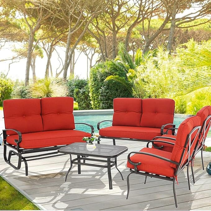 5Pcs Patio Conversation Set Outdoor Wrought Iron Furniture Set with 1 Glider,1 Loveseat, 2 Single Chairs, and Coffee Table, for Courtyard, Garden, Backyard(Red)