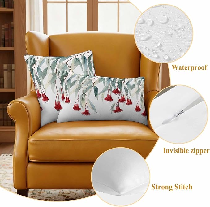 Red Floral Leaves Waterproof Outdoor Pillow Covers Set of 2 Home Decor, Pastoral Rustic Botanical Flowers Pillowcase Patio Pillow Covers for Couch Bench Furniture Garden 18x18in