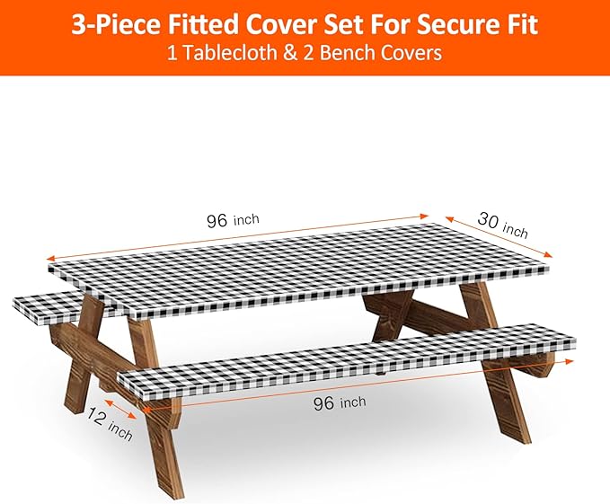 KENOBEE 8ft Picnic Table and Bench Cover, Camping Essentials RV Gear, 96 in Waterproof Windproof Outdoor Elastic All Around Tablecloth, Fitted Rectangle Tables and Seats, Black-White Checkered