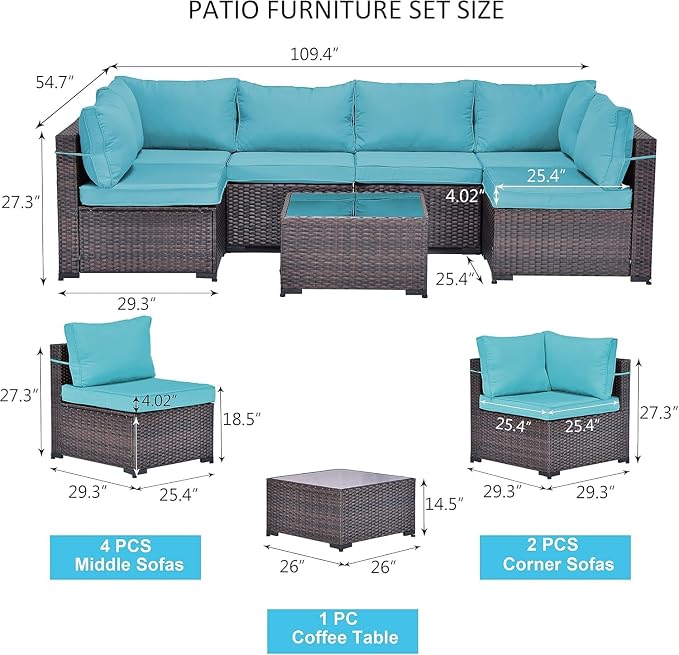 Outdoor Patio Sectional Furniture Set 7 Pieces PE Wicker Sofa Set with Tempered Glass Table and 6 Removable Sand Cushions, Manual Rattan Conversation Couch for Backyard Garden Deck
