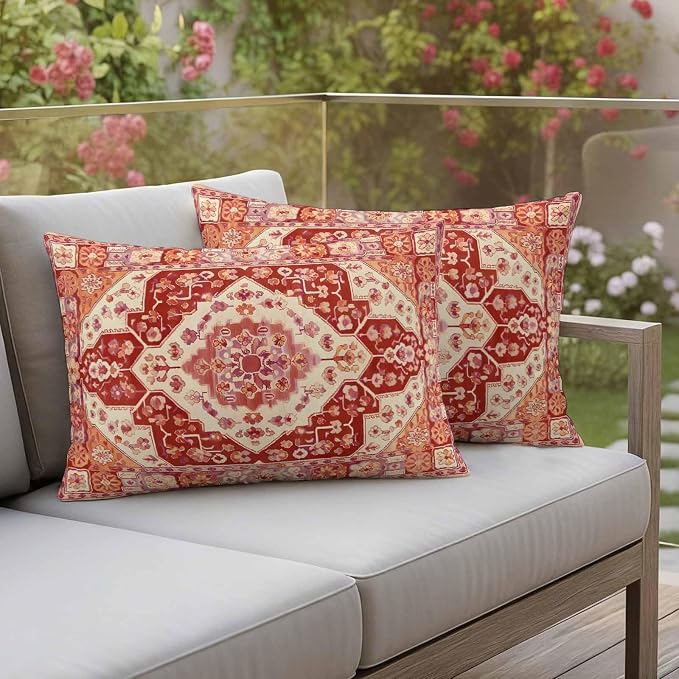 Red Bohemia Turkish Pattern Outdoor Pillow Covers Set of 2 Retro Ethnic Style Waterproof Throw Pillow Cover Decorative Cushion Cases for Patio Porch Garden 20X12 Inch