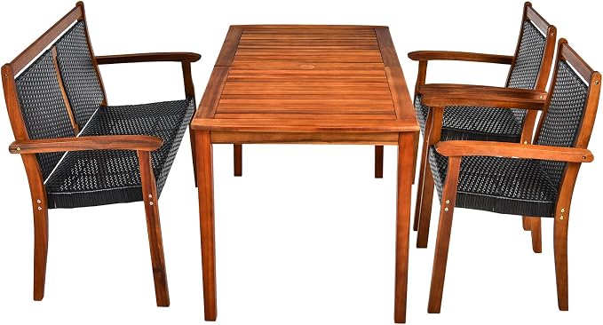 COSTWAY 4 Piece Patio Rattan Dining Furniture Set, Outdoor Acacia Wood Frame Loveseat, Chairs and Table Set with Umbrella Hole for Garden, Backyard, Lawn