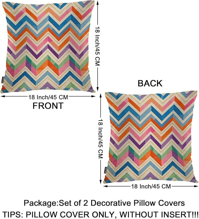 Swono Chevron Stripes Set of 2 Square 18x18 Inch Throw Pillow Cover Rainbow Zig Zag Herringbone Waves Soft Pillowcases Pillow Cushion Covers for Home Sofa Couch Bench Living Room Car Decoration