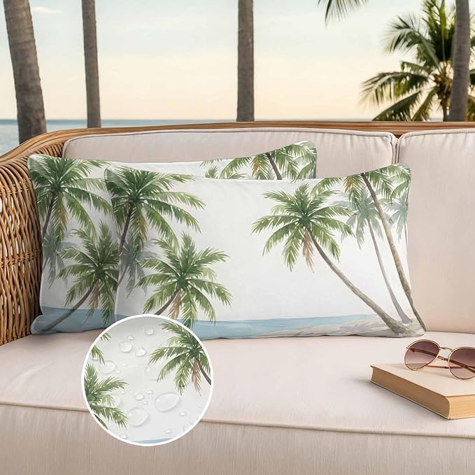 Yukro Coastal Beach Palm Tree Outdoor Waterproof Pillow Covers Pack of 2, Watercolor Coconut Tree Summer Throw Pillowcases Decorative Cushion Covers for Garden Patio Tent Sofa Couch, 20x12 inch