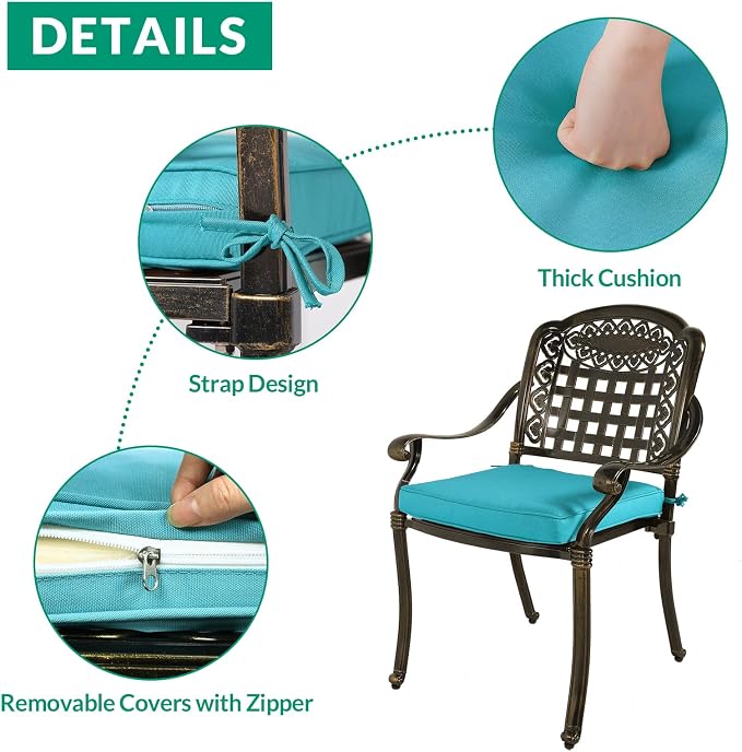 VIVIJASON 9-Piece Outdoor Cast Aluminum Dining Set, Rust-Free Classic Vintage Patio Furniture Set, Include 8 Cushioned Chairs and an Oval Table with Umbrella Hole for Lawn Backyard, Ocean Blue Cushion