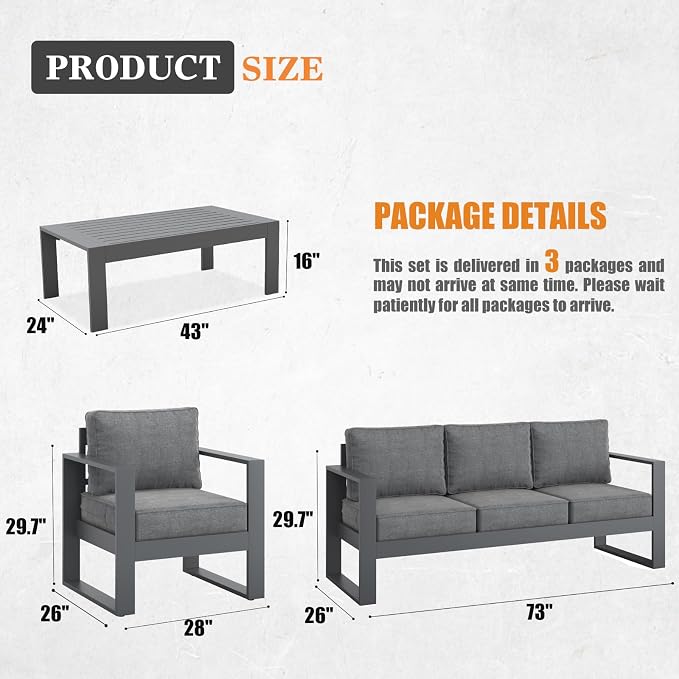Outdoor Aluminum Furniture Set - 4 Pieces Modern Patio Conversation Sets Metal Sectional Sofa with Coffee Table