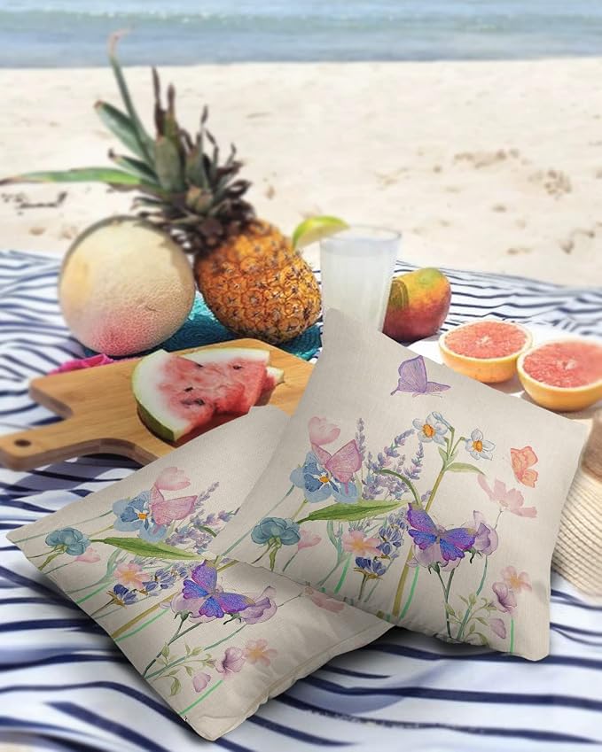 YOKOU Waterproof Throw Pillow Covers, Floral Print Butterfly Watercolor Flower Spring Summer Farm Decorative Pillowcase Soft Cushion Case for Patio Couch Tent Balcony, Set of 2 Square, 20"X20"