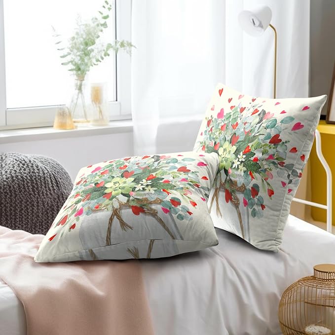 Valentine's Day Throw Pillow Covers 22x22 Inch Set of 2, Red Love Hearts Eucalyptus Leaves Jar Decorative Pillowcases Square Couch Cushion Cover for Wedding Anniversary Decor