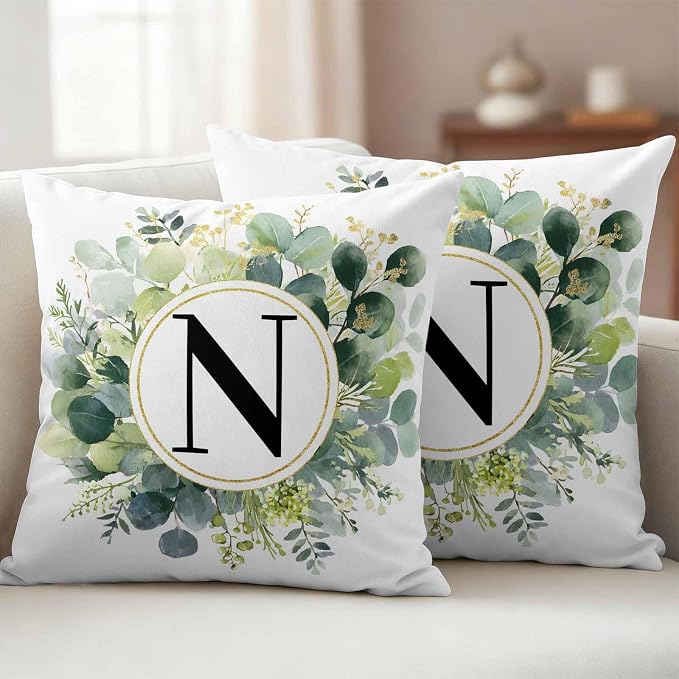 Letter N Waterproof Outdoor Pillow Covers Set of 2 Home Decor, Alphabet Green Eucalyptus Leaves Pillowcase Patio Pillow Covers for Couch Bench Patio Furniture Garden 16x16in
