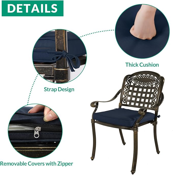 VIVIJASON 5-Piece Patio Furniture Dining Set, All-Weather Cast Aluminum Outdoor Conversation Set, Include 4 Cushioned Chairs and 1 Round Table w/Umbrella Hole for Balcony, Backyard, Navy Blue Cushion