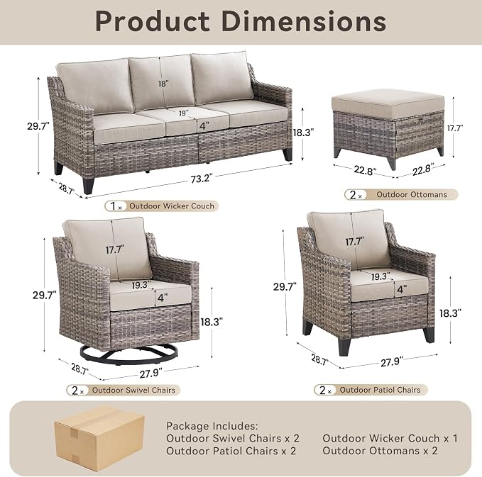 7 Piece Outdoor Patio Wicker Furniture Sets-High Back Outdoor Conversation Set Sectional Sofa with Wicker Swivel Rocker Patio Chairs,Thick Cushions Ottomans for Porch Balcony Patio Deck Grey/Beige