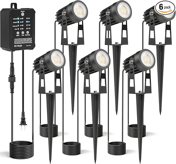 HIBOITEC Low Voltage Landscape Lighting with Transformer Photocell Sensor and Timer Spotlights Kit 56FT ETL Approved Wire 2700K 6 Packs