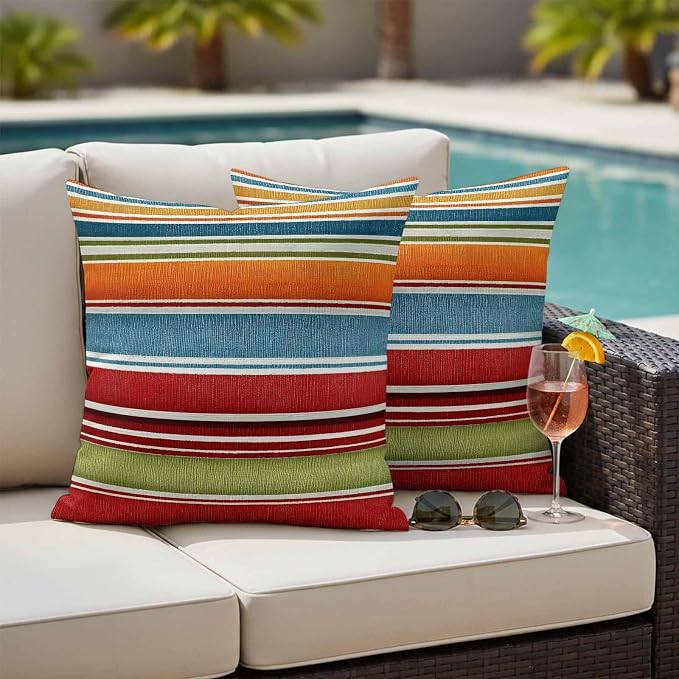 Outdoor Waterproof Pillow Covers for Patio Modern Red Orange Blue Stripes Decorative Throw Pillow Cover Abstract Fabric Stripes Pillowcases Set of 2 Cushion Case for Sofa Couch Chair 20x20 Inch