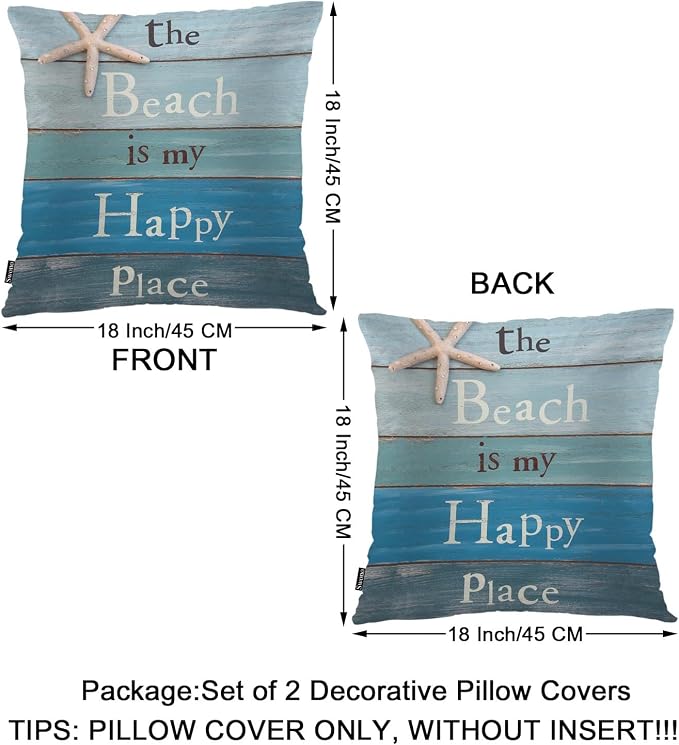 Swono Decorative Square Pillow Covers 18x18 Inch Beach, The Beach is My Happy Place Wooden Quote Polyester Pillow Case Set of 2, Soft Cushion Cover Pillowcases for Home Bedroom Couch Sofa Armchair