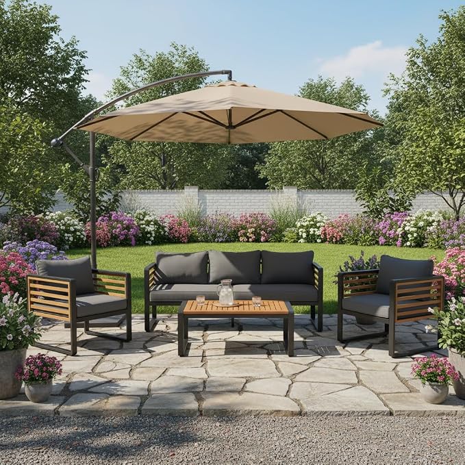 Large 4-Piece Outdoor Patio Sofa Set for 5 People, Metal & Acacia Wood Frame, Removable Cushions, Thick Comfortable Seats, Conversation Furniture with Table, Modular Garden and Backyard Set, Gray