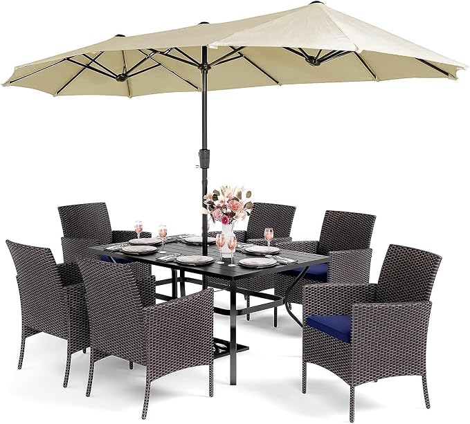 PHI VILLA 7pc Patio Dining Set w/Umbrella, Rectangular Table, Rattan Chairs | Outdoor Dining Set for 6, 60” Metal Table & 6 Cushioned Rattan Chairs with Beige Umbrella for Outdoor, Deck, Yard, Porch