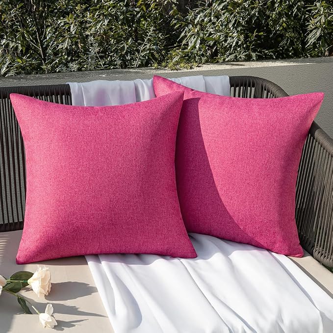 EMEMA Outdoor Throw Pillow Covers Decorative Farmhouse Square Pillowcases Waterproof Cushion Covers Cases for Patio Couch Garden Sofa Home Living Room Set of 2 18x18 Inch Hot Pink