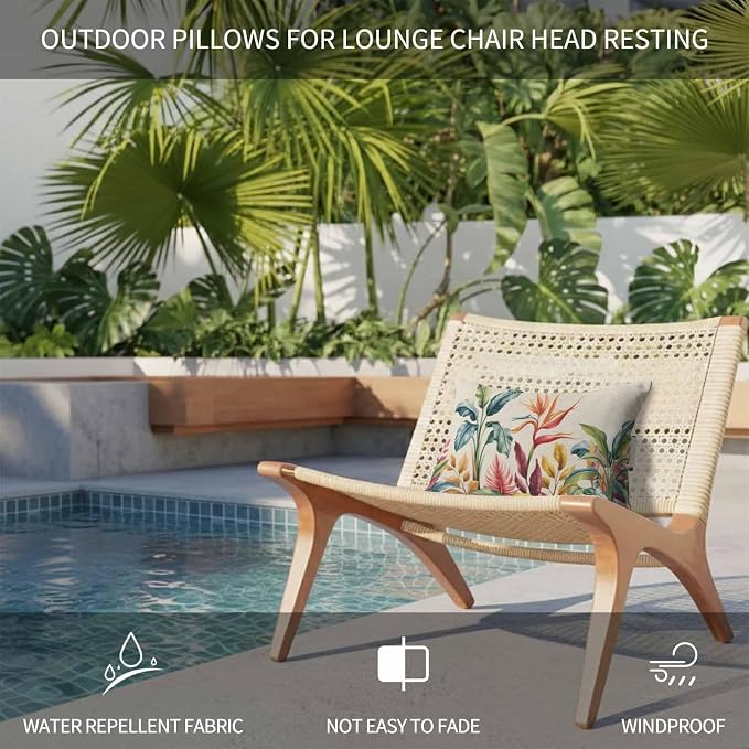 Outdoor Lumbar Pillow Set of 2, Tropical Plants Waterproof Beach Headrest Pillow with Inserts, Summer Vintage Botanical Flower Leaf Beige Recliner Throw Pillows for Patio Furniture, 12 x 20