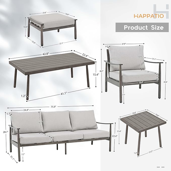 HAPPATIO Patio Outdoor Furniture Set - 7 Pieces Aluminum Outdoor Conversation Set Includes 1 Three-Seater Sofa, 1 Coffee Table, 1 Side Table, 2 Armchairs and 2 Ottomans for Porch Lawn (Grey)