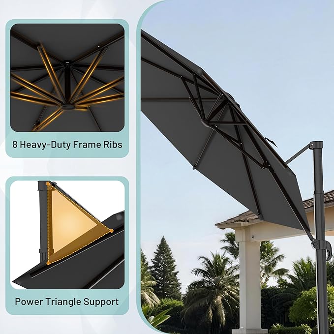 AreShark 10FT Cantilever Patio Umbrella, 360-Degree Rotation Round Hanging Offset Umbrella with Crank, Heavy Duty Patio Umbrella for Patio, Pool, Garden, Deck, Grey