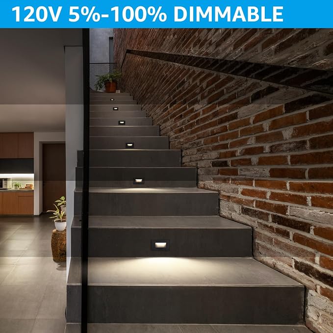 LEONLITE 12-Pack 5CCT 120V LED Step Lights, Horizontal, Black | 150LM, 5%-100% Dimmable, CRI90, ETL, Indoor Outdoor Stair Lights, Wet Location, 2700K/3000K/3500K/4000K/5000K, Aluminum