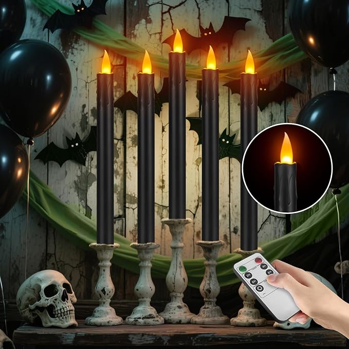 wemarry 24 Pcs Black Flameless Taper Candles with Remote, 10" Black Battery Operated Led Candlesticks with Flickering 3D Flame, Fake Taper Candles for Halloween Anniversaries Dinner Home Décor