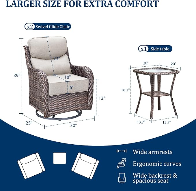Luxury Swivel Rocker Chairs Set with 6" Thick Cushion 3 piece Wicker Outdoor Swivel Rocker Patio Chair with Side Table High Back Comfortable Outdoor Patio Furniture Set - Brown | Beige