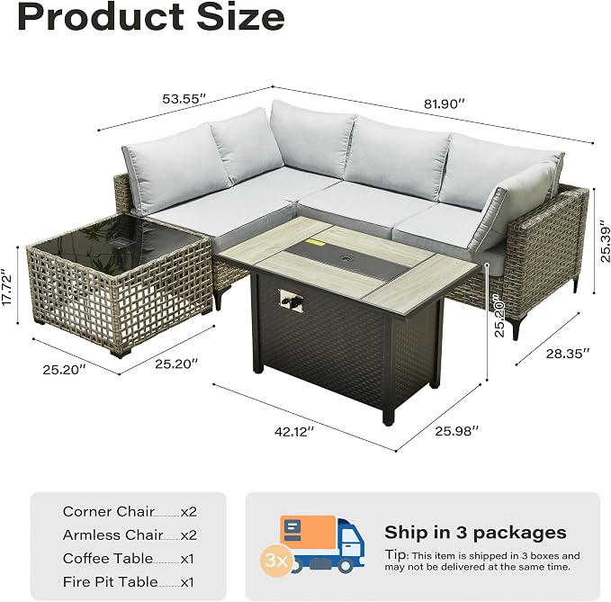 6 Pieces Patio Furniture Set with 42" Fire Pit, All-Weather Rattan Outdoor Sectional Conversation Sets L Shaped Sofas with Solar Light Coffee Table for Porch Balcony Backyard Grey