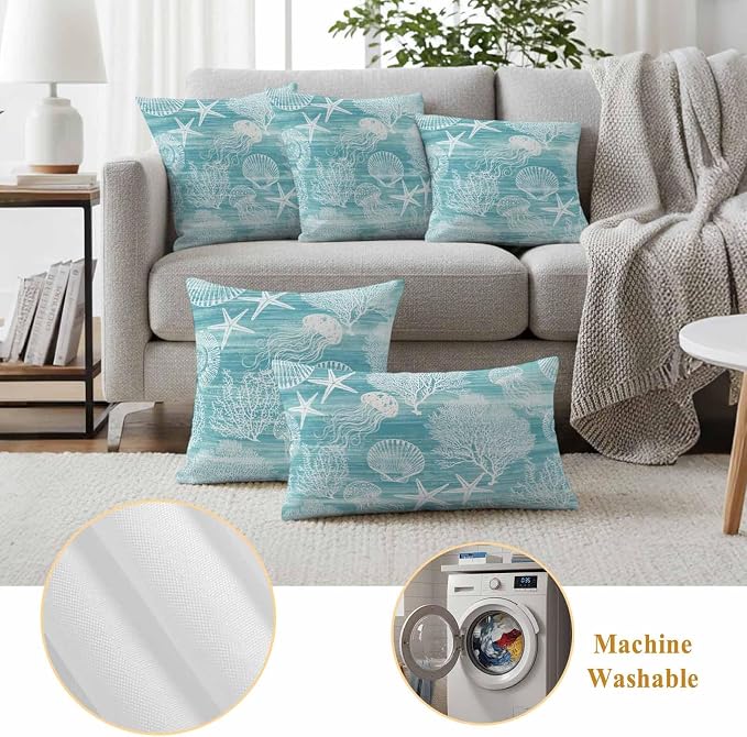 Teal Coastal Outdoor Waterproof Throw Pillow Covers Set of 2, 26"x26", Nautical Starfish Jellyfish Coral Summer Decorative Pillow Covers Outside Cushion Case for Patio Porch Garden