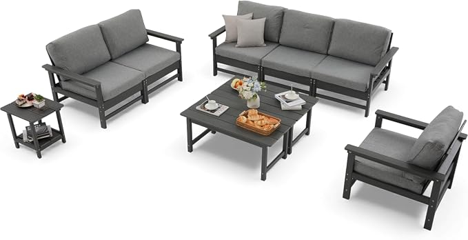 HDPE Outdoor Patio Furniture Set, 9-Piece Sofa Set with 3-Seat Couch, Loveseat Sofa, Armchair,Side Table & 2 Coffee Tables, Weatherproof Conversation Set with Cushions,for Garden, Porch & Backyard
