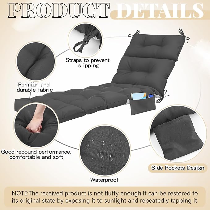 Kigley Outdoor Chaise Lounge Cushions with 3 Side Pocket 74.5 x 22 x 4.7 Inch Patio Chaise Lounge Cushion, Water-Repellent and Fade-Resistant Tufted Summer Replacement(2 Pcs,Dark Gray,Solid Color)