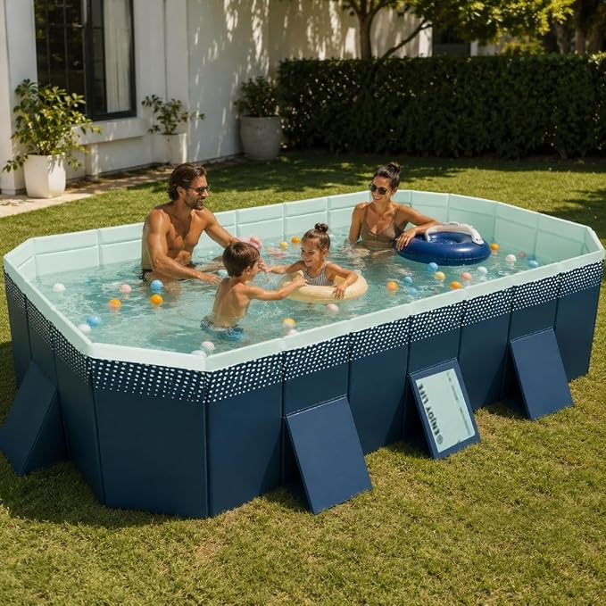 Large Foldable Pool, Non Inflatable Pool with 4-Layer Composite PVC, Sturdy Triangular Support Boards, Double Drains, Foldable Outdoor Pool for Backyard Kids & Adults, 5 Sizes