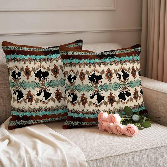 Boho Cowhide Outdoor Pillow Covers 26"x26" Set of 2, Western Aztec Tribal Green Brown Cow Texture Waterproof Throw Pillow Covers for Patio Furniture, Decorative Cushion Covers for Porch