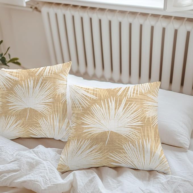Throw Pillow Covers 20x20 Inch Set of 2, Beige Palm Leaves Coastal Waterproof Outdoor Pillow Covers, Summer Tropical Botanical Boho Decorative Cushion Pillowcases for Couch, Sofa, Bed, Garden, Patio