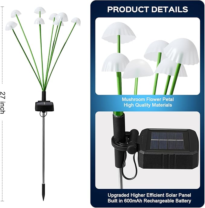 TANSOREN 2 Pack Solar Garden Lights Outdoor, Colorful LED Waterproof Solar Powered Mushroom Flowers Landscape Lights for Outside Yard, Patio, Pathway Decorative, Décor, Gifts, Two Lighting Modes