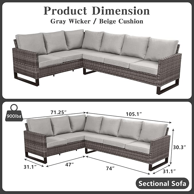 Belord Outdoor Sectional Sofa 6 Seater L Shaped Couch Wicker Patio Conversation Furniture Set Rattan Outdoor Furniture with Removable Washable Cushion Beige