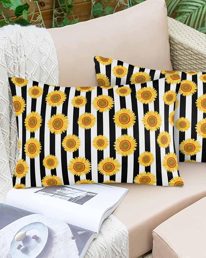 Vandarllin Outdoor Throw Pillows Covers 20x12 inch Set of 2 Waterproof Sunflower Decorative Zippered Cushion Covers for Patio Furniture, Summer Floral Black Stripes Lumbar Pillowcases