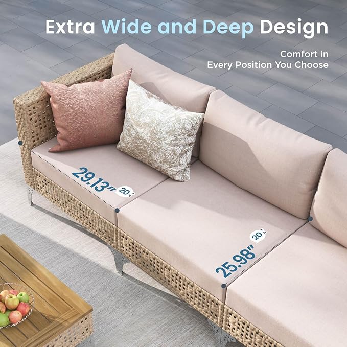 PHI VILLA 6-Seat Wicker Patio Furniture Set, Boho Outdoor Conversation Sofa Set with Acacia Coffee Table and Beige Cushions