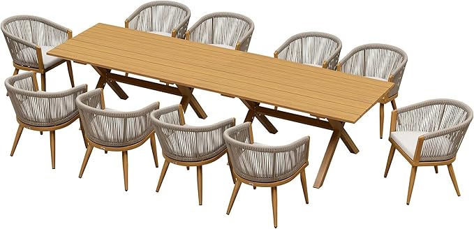 PURPLE LEAF Patio Dining Set for 10 All-Weather Wicker Woodgrain Aluminum 12 Piece Large Outdoor Table and Chairs Set Included Cushions for Backyard Indoor Modern Outdoor Furniture Set Teak Color