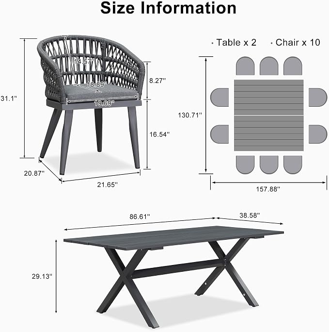 PURPLE LEAF 12 Pieces Outdoor Dining Set All-Weather PE Rattan Outdoor Patio Furniture Set with All Aluminum Frame Rectangular Table and Chairs Set for Lawn Garden Backyard Deck, Grey