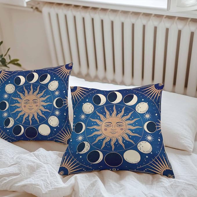 Celestial Sun and Moon Waterproof Outdoor Pillow Covers Set of 2 Home Decor, Blue Starry Galaxy Boho Pillowcase Patio Pillow Covers for Couch Bench Patio Furniture Garden 18x18in