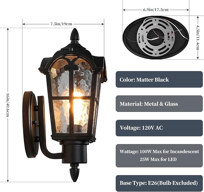 16’’ Large Outdoor Wall Light Fixtures, Exterior Wall Lantern Sconces | Waterproof, Rust-resistant, Matte Black, Water Ripple Glass, Quick & Easy Installation, Retro & Traditional