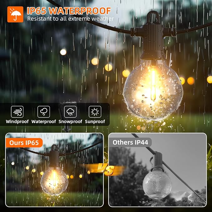Kawaya G40 Outdoor String Lights Solar 31FT IP65 2700K LED Patio Light | IP65 Shatterproof Hanging Edison Blubs,2700K Warm White for Garden Porch Fence Camping Party Backyard Deck Bistro Balcony