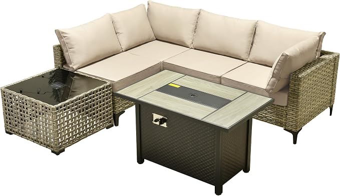 Outdoor Patio Furniture Sets,6 PCS Patio Conversation Set Outside Rattan Sectional Sofa with 42 in Fire Pit Table&Coffee Table Fit Backyard Porch Garden Poolside Balcony